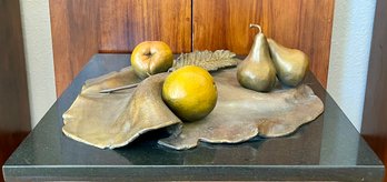 French Lesson 2 Orange Peach Pears And Pen With Clothe Bronze Of15 By Darlis Lamb On Black Marble Base