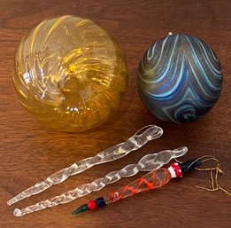(5) Vintage Hand Blown Art Glass Ornaments - Amber, Swirl, And Clear