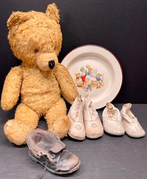 Antique Bear, Leather Baby Shoes With Mother Of Pearl Buttons, And A Tin Animal Baby Plate