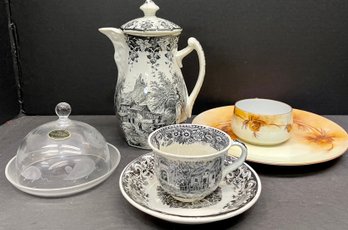 Schramberg Opaque Black And White Tea Pot And Cup Saucer, Hallstatt Cloche, Bavaria Cup And Saucer