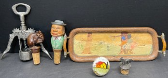 Antique Bar Lot - Hand Painted Wood Tray, Carved Wood Stoppers, Metal Grape Wine Opener, And More