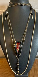 Vintage Gold Tone And Art Glass Pendant Neckace - Gold Tone Lavaliere Necklace Black Beads - Gold Tone Chain