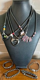 4 Hematite Bead Necklaces With Satin Glass Beads And Matching Bracelets