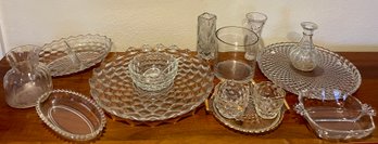 Vintage Glass - Diamond Block Bowl & Tray - Jeanette Gold Rim Creamer & Sugar - Cake Plate & More