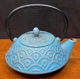 Small Hand Painted Cast Iron Teal And Copper Tea Kettle