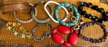 11 Vintage Bracelets - Cuff - Stone - Turquoise - Puka Shell - Mesh