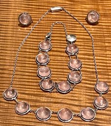 Vintage 1940's Pink Quartz Cabochon Necklace & Sterling Silver Bracelet - Screw Back Earrings And Necklace