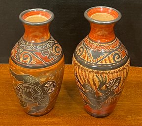 Pair Of Hand Made Pottery Turtle And Lizard Motif Hand Etched And Painted Vases