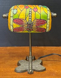 Small Bronze Tone Stained Glass Dragonfly Table Lamp