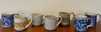 (4) Susan Ward Pottery Mugs And (3) Mid Century Blue Floral Stoneware Mugs