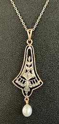 14K Gold Antique Victorian Lavaliere Pendant With Diamond & Pearl & 16 Inch 14K Gold Chain - 2.5 Grams