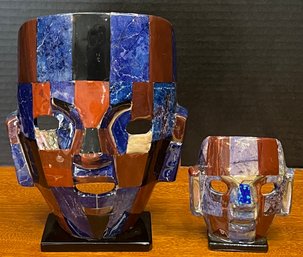 Vintage Mosaic Lapis Stone And Abalone South American Masks