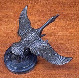 Small Metal Goose Sculpture With Stone Base Signed