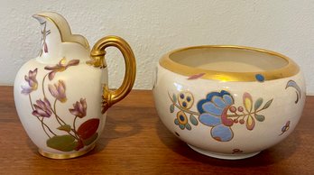 Antique Royal Worchester England Porcelain Pitcher And Art Nouveaux Hand Painted Bowl