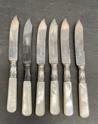(6) E. C. Simmons King Cutter Mother Of Pearl And Sterling Silver Handled Spreader Knives