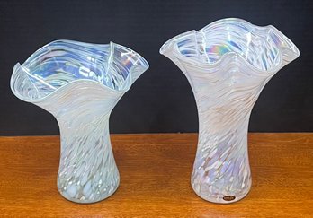 Pair Of Glass Eye Hand Blown Iridescent Art Glass Vases