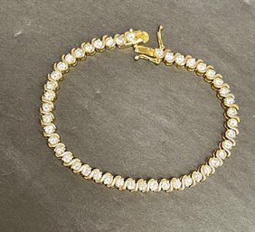 Sterling Silver With Gold Overlay Clear Stone 7' Tennis Bracelet