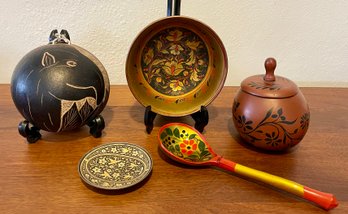 Mexico Tapir Motif Gourd Ornament, Gourd Lidded Box, Soviet Union Bowl With Spoon, Damascene Pin Dish