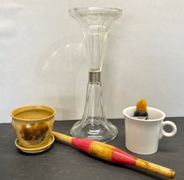 Antique Glass Shelf Holder, Fiestaware Mug, Gem Cutlery Co. Razor, Pot, Wood Bobbin