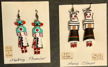 (2) Pairs Of Lorreta Multine Hand Carved And Painted Kachina Earrings - Making Thunder And Hano Clown