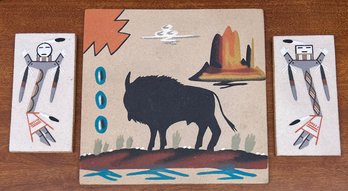 (3) New Mexico Sand Paintings - Buffalo By Watchman And (2) First People By Larry Toledo NM