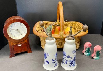 Home Decor Lot - Mpm Meissen Germany Twist Salt And Pepper, Small Wood Clock, Basket With Faux Fruit