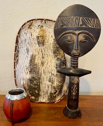 Mid Century African Ashanti Wood Fertility Symbol, Milonga Yerba Mate Gourd And A Wood Bark Basket