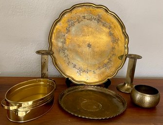 Vintage Brass Lot - Singing Bowl, Candle Holders, Germany Tray, Sweden Tray, And Handled Dish