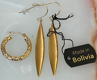 14K Gold Bolivia Dangle Earrings & (1) 14K Gold Hoop Earring - Total Weight - 2.3 Grams