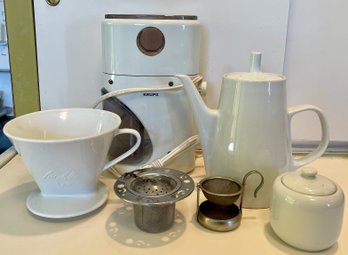 Coffee And Tea Lot - Coffee Grinder, Tea Strainer, Germany Coffee Pot, And Sugar Bowl