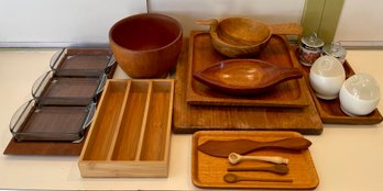 Mid Century Teak And Glass Kitchen Lot - Hand Carved Bowl, Serving Dishes, Thailand Cutting Board, And More