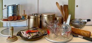 Vintage Kitchen Baking Lot - Cookie Press, Utensils, Copper Tone Cannisters, Measuring Dishes, And More