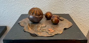 French Lesson 8 Peeled Orange With Two Plums Bronze 2000 By Darlis Lamb On Black Marble Base