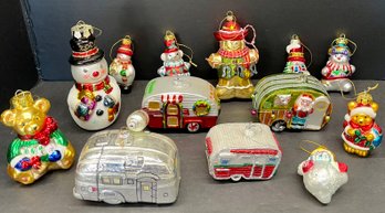 Lot Of Glass Christmas Tree Ornaments - Campers, Snowmen, Bears, And More