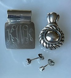 2 Vintage Sterling Silver Slide Pendants & Pair Of Sterling Silver Post Earrings With Clear Stones 16.1 Grams