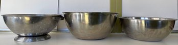 (2) Large Stainless Steel Serving Bowls And (1) Collander