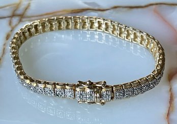 Vintage 925 Gold Wash Sterling Silver And Small Diamond 7 Inch Tennis Bracelet - Total Weight - 18 Grams
