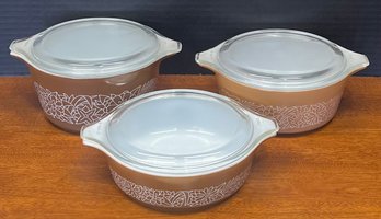 (3) Vintage Woodland Pyrex Casseroles With Lids