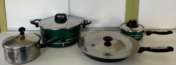 Set Of T-fal Green Pots And Pans And A Farberware Covered Pot
