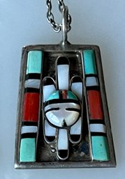 Raylan & Patty Edaakie Zuni Sun Face Pendant - Turquoise - Mother Of Pearl - Onyx & Coral - 10.6 Grams