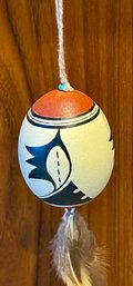 Native American Hand Painted Egg Signed 1982 With Feather