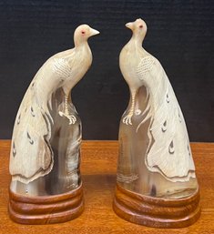 Pair Of Hand Carved Horn Peacocks