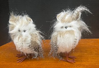 (2) Hand Made Faux Fur And Feather Snow Owl Figurines