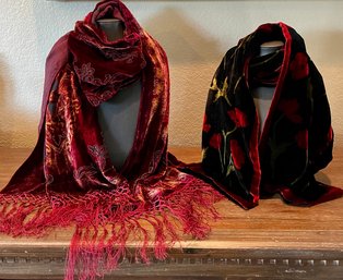 Stunning Venice 100 Percent Silk Velvet Burnout Scarf And Red & Black Floral Velvet Scarf