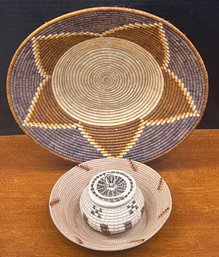 2 Vintage Hand Woven Coil Bowls & 1 Covered Bowl