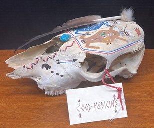 Good Medicine Hand Painted Skull With Feather & Turquoise Father Sky & Mother Earth With Original Tag