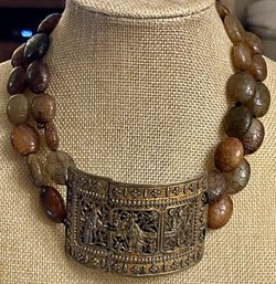 Antique Chinese Buckle With Carved Jade Stone Beads 16 Inch Necklace Choker