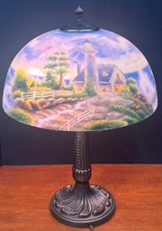 Vintage Thomas Kinkade ' A Light In The Storm ' Reverse Painted Table Lamp Double Bulb