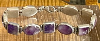 Vintage Sterling Silver & Charoite Panel 7.5 Inch Bracelet - Total Weight 28.2 Grams