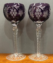 2 Hungary Cut To Clear Amethyst Cased Glass Crystal Wine Goblets